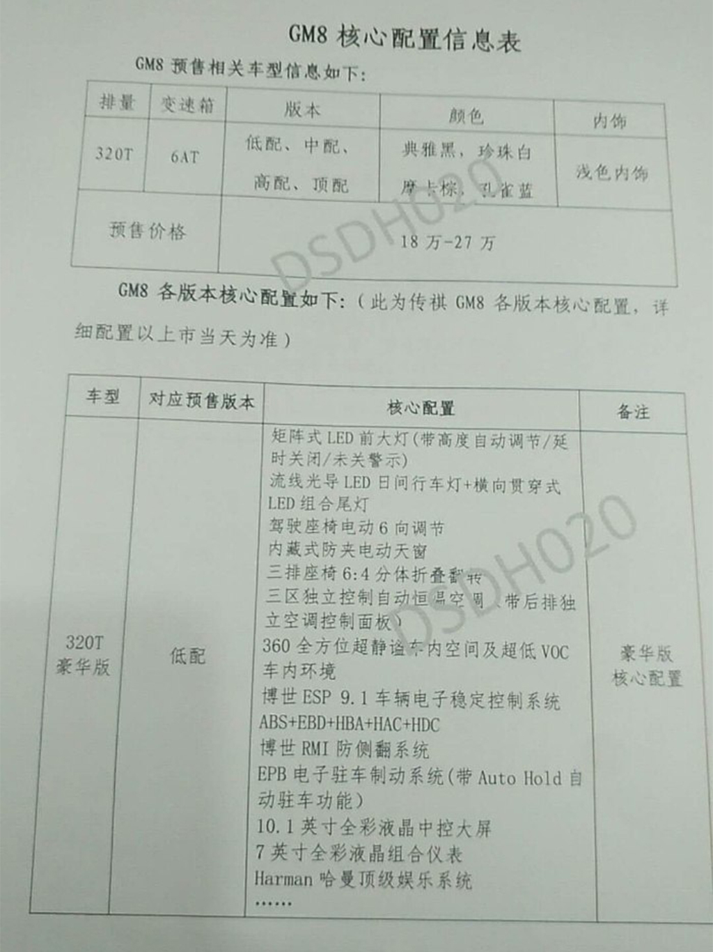 传祺GM8疑似配置曝光 标配矩阵LED大灯