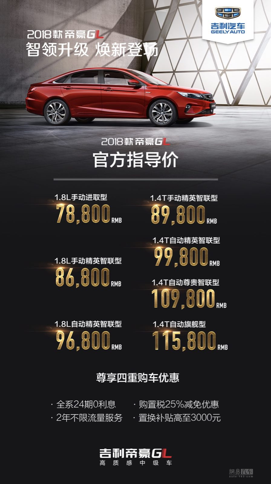 2018款帝豪GL售7.88万起 新年更吉利