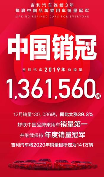 连续三年中国销冠，吉利全年销量超136万辆，嘉际32961辆