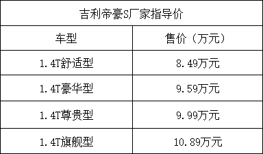 吉利帝豪S售价8.49-10.89万元上市