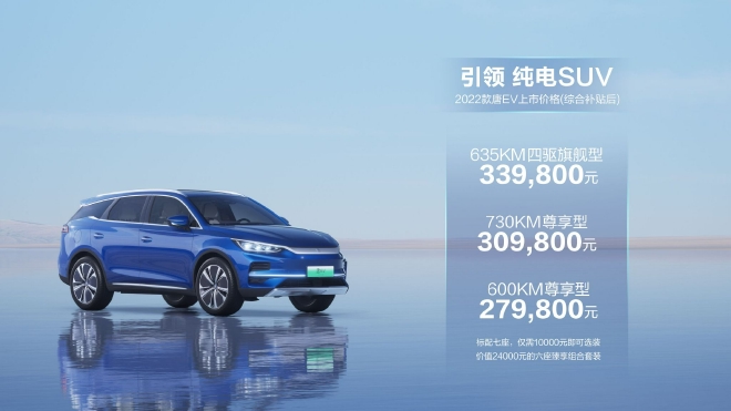 比亚迪2022款唐EV售价27.98-33.98万元上市