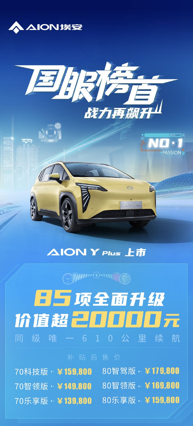 广汽埃安AION Y PLUS上市 补贴后售价13.98-17.98万元