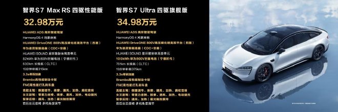 新款智界S7再战纯电市场 售价24.98-34.98万元